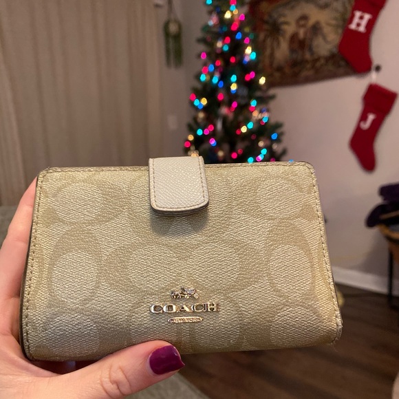 Coach Handbags - Coach Tan Leather Canvas Fold Wallet w SnapClosure